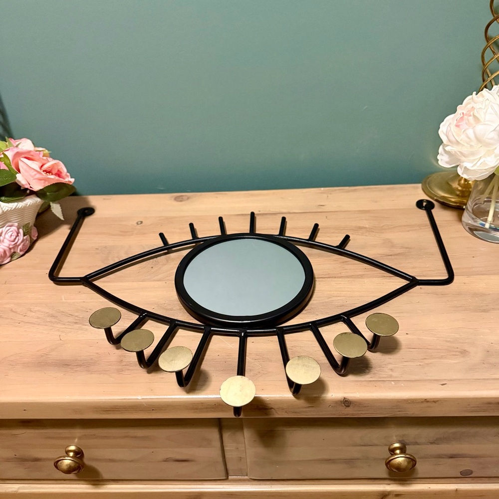 Evil Eye Wall Mirror Jewelry Holder Black Gold Boho 22”